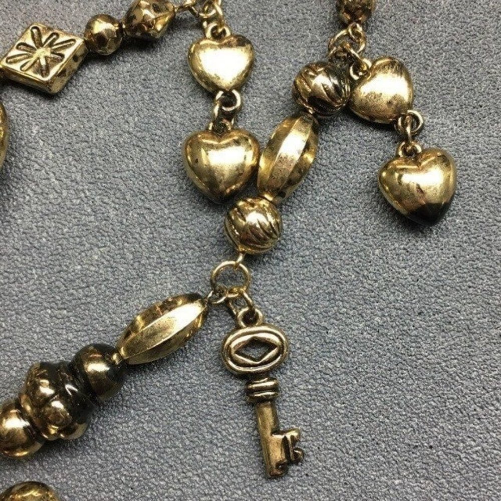 Collar Tack Pin Gold Necklace As Is Heart Lock Key Dangle Diamond Retro BoHo - Picture 8 of 9
